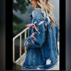Denim Jacket with Gingham Ribbon Accents